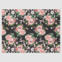 Papel De Seda Roses rosas y flores blancas en negro