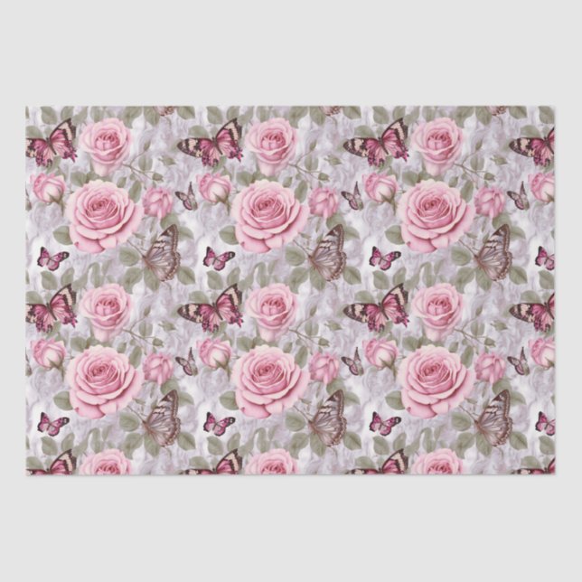 Papel De Seda Roses rosas y mariposas acuarela floral (Anverso)