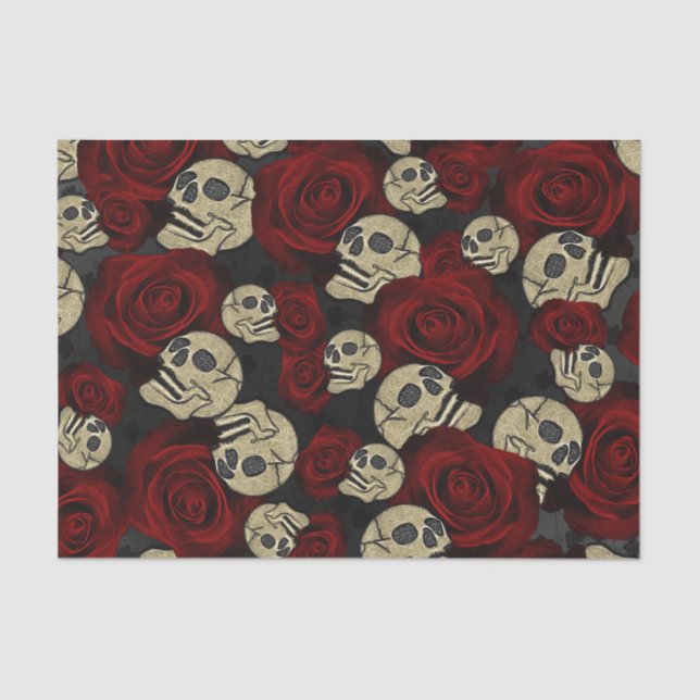 Papel De Seda Roses y cráneos rojos Gris Floral Negra Gótica (Anverso)