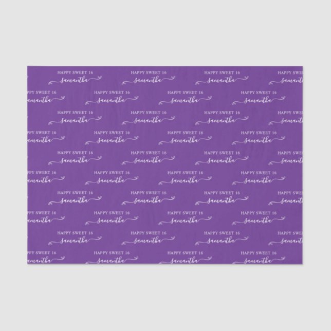 Papel De Seda Royal Purple White Happy Sweet 16 Cute Bow Name (Anverso)