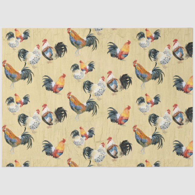 Papel De Seda Ruido Country Roosters Watercolor Gold Decoupage (Anverso)