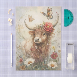 Papel De Seda Rustic Highland Cow With Butterfly Decoupage