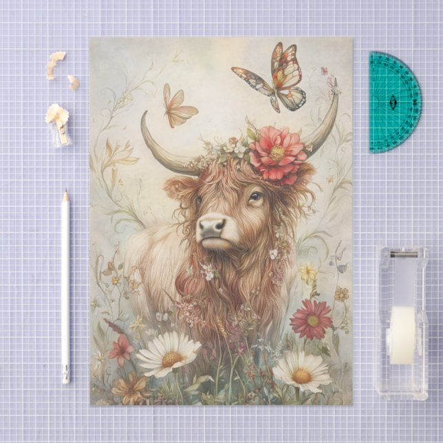 Papel De Seda Rustic Highland Cow With Butterfly Decoupage (Artesanía)