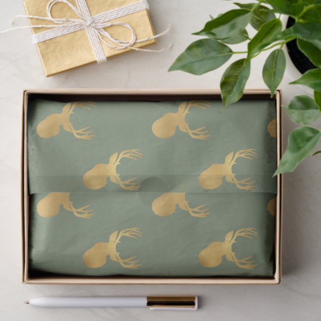 Papel De Seda Rustic Olive Green Gold Deer Christmas (Regalo )