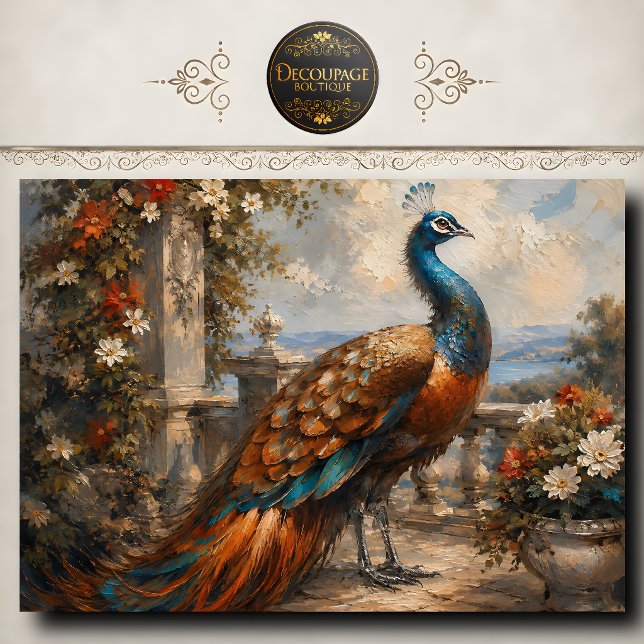 Papel De Seda Rustic Peacock Terrace Decoupage (Rustic Peacock Terrace Decoupage Tissue Paper)
