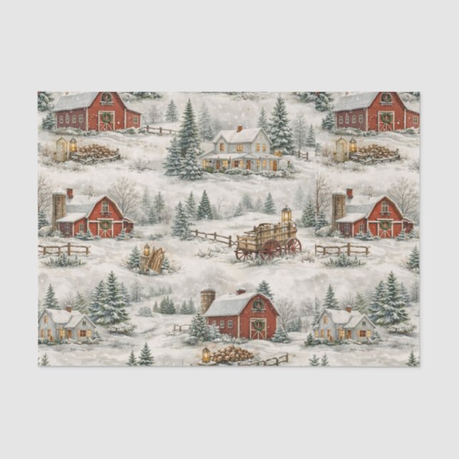 Papel De Seda Rustic Snow Covered Farmhouse Winter Pattern (Anverso)