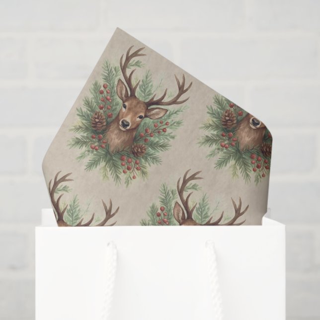 Papel De Seda Rustic Woodland Deer Head with Winter Foliage -  (Bolsa de regalo)