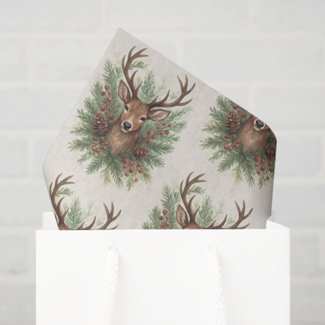 Papel De Seda Rustic Woodland Deer Head with Winter Foliage -  (Bolsa de regalo)