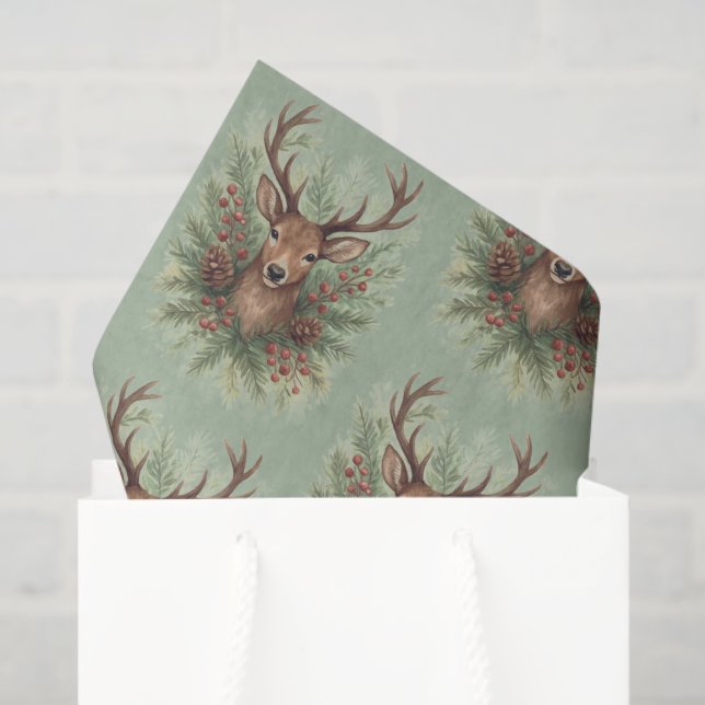 Papel De Seda Rustic Woodland Deer Head with Winter Foliage -  (Bolsa de regalo)