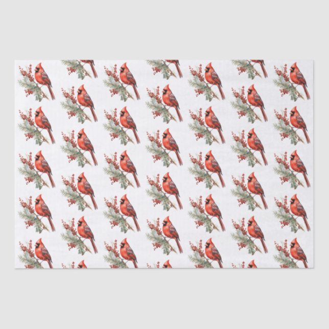 Papel De Seda Rústica acuarela Invernal Cardenal Holly Branch (Anverso)