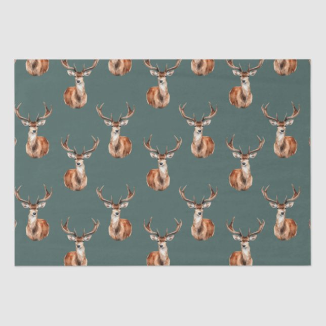 Papel De Seda Rústica acuarela verde de ciervos salvajes (Anverso)