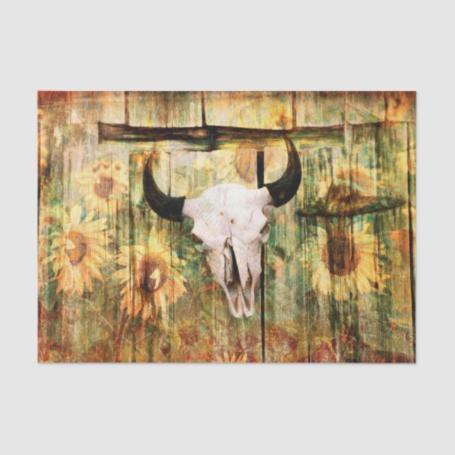 Papel De Seda Rústico Bull Skull Country Sunflowers (Anverso)