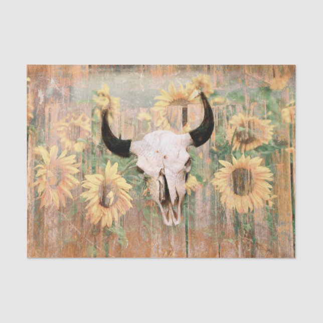 Papel De Seda Rústico Bull Skull Marrón girasoles amarillos (Anverso)