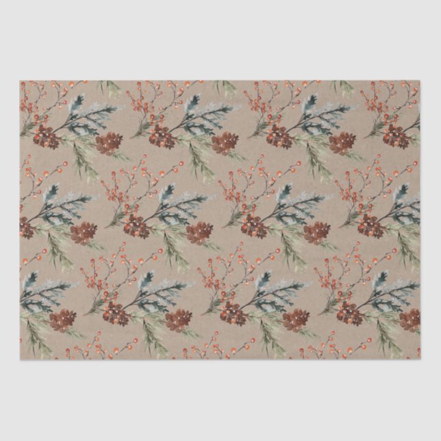Papel De Seda Rústico Kraft Juniper Pine Cones Ilex Berries (Anverso)
