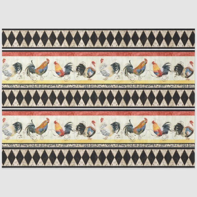 Papel De Seda Rústico País Roosters Harlequin Black Decoupage (Anverso)