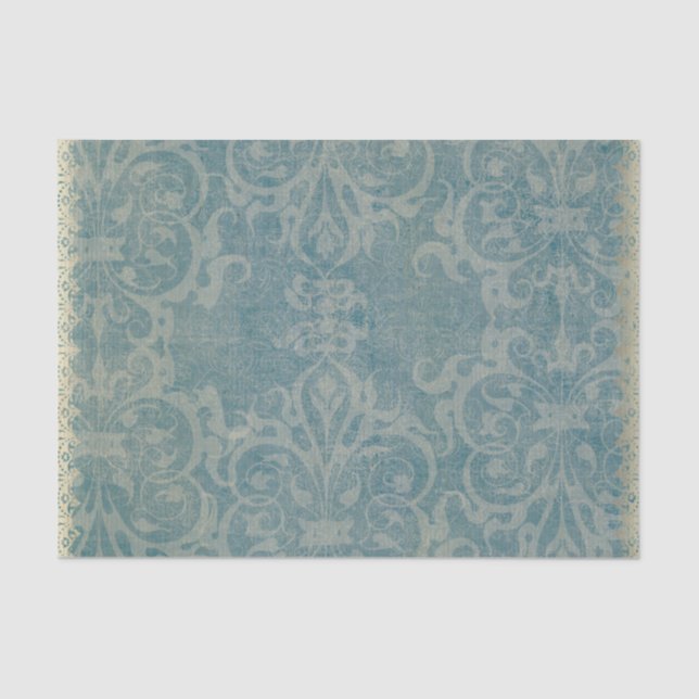 Papel De Seda rústico, verde azulado, beige, damasco, floral, (Anverso)