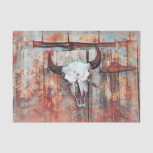 Papel De Seda Rústico Western Rust Brown Bull Skull Sunflowers