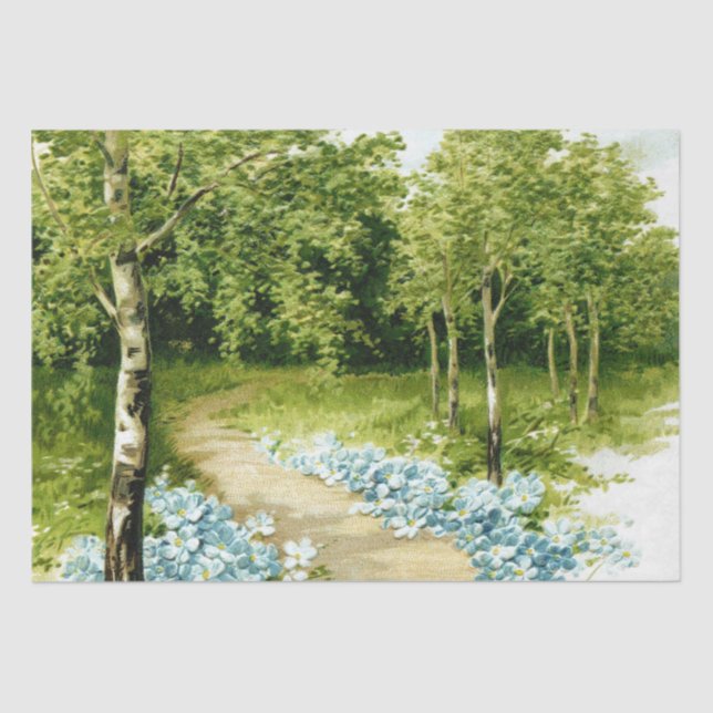 Papel De Seda Ruta Forestal Aves Árboles Flores Azules Desnudos (Anverso)