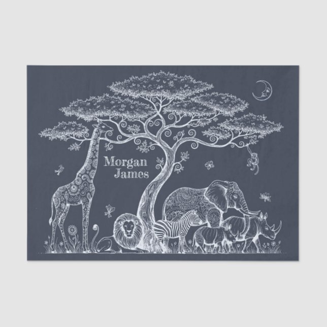 Papel De Seda Safari Toile, Neutral Baby Wild Adventure Navy (Anverso)