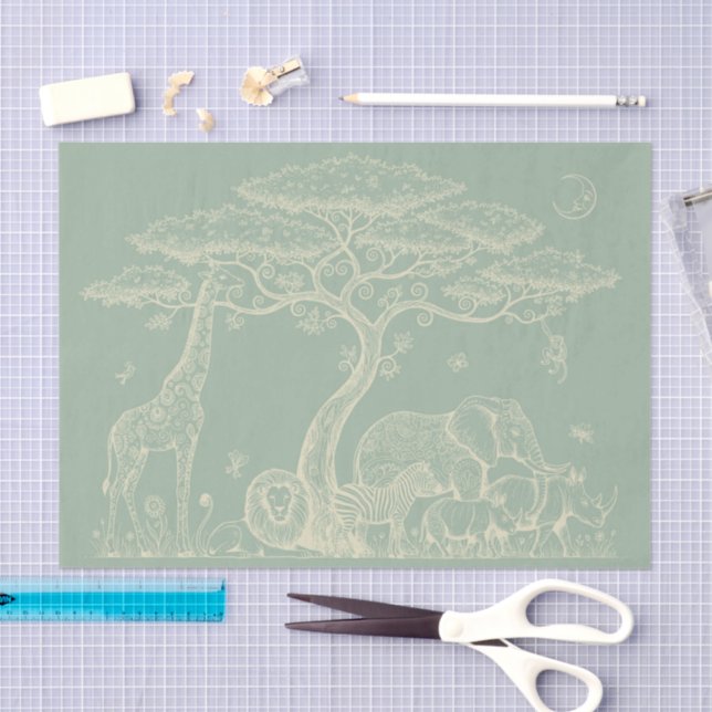 Papel De Seda Safari Toile, Neutral Green Baby Wild Adventure (Artesanía)