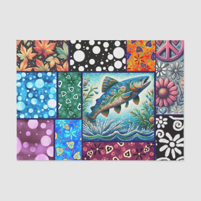 Papel De Seda Salmon Crazy Quilt Floral Whimsical Decoupage (Anverso)