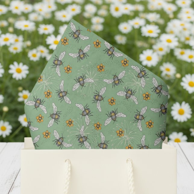 Papel De Seda Salvia de moda verde Abeja melífera zumbando para  (Floral Bee Pattern Tissue Paper. Yellow & Black Honey Bees & Daisy Flowers Pattern in Sage Green)