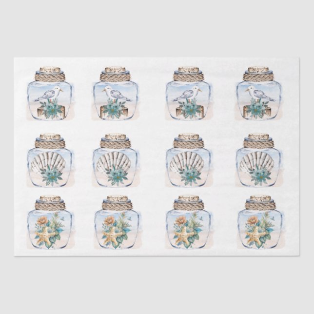 Papel De Seda Sandpipers Flowers Shells Jar Decoupage Paper (Anverso)