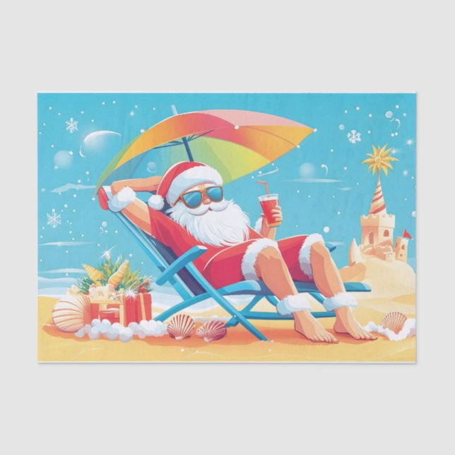 Papel De Seda Santa Claus descansando en una playa tropical con  (Anverso)