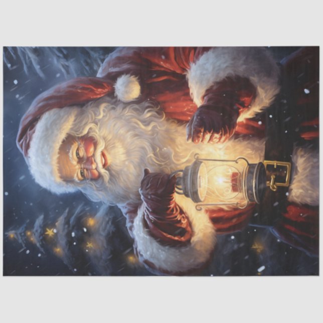 Papel De Seda Santa Claus en un bosque nevado con linterna brill (Anverso)