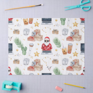 Papel De Seda Santa con computadora y tabla de surf en Navidad