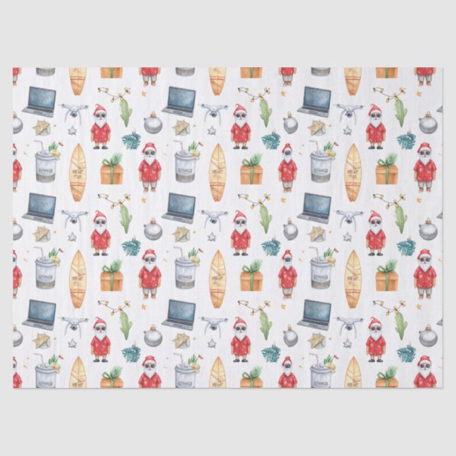 Papel De Seda Santa con computadora y tabla de surf en Navidad  (Anverso)