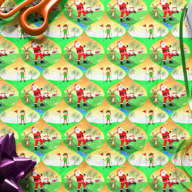 Papel De Seda Santa Jugando Golf En Florida Navidades Ogee (Whimsical Santa golfing in Florida with Flamingo caddy, reindeer watching.
)