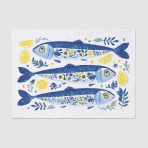 Papel De Seda Sardinas azules y amarillas de verano mediterráneo
