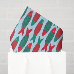 Papel De Seda Sardinas Rojas y Verdes con Patrón de Navidad