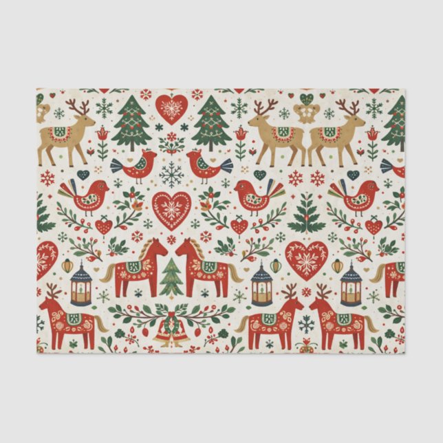 Papel De Seda Scandinavian Red and Green Folk Christmas Pattern (Anverso)