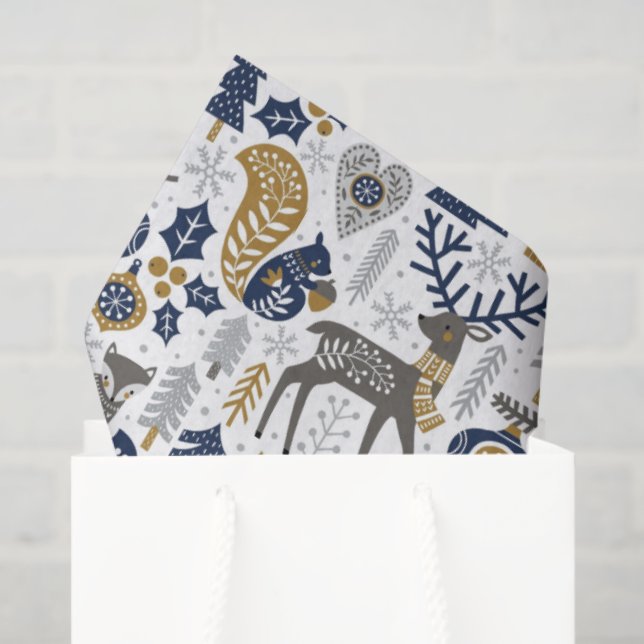 Papel De Seda Scandinavian Woodland Animals Snowflakes Christmas (Bolsa de regalo)