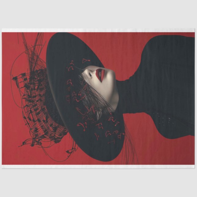 Papel De Seda Scarlet Lady in Black Music Notes Decoupage (Anverso)