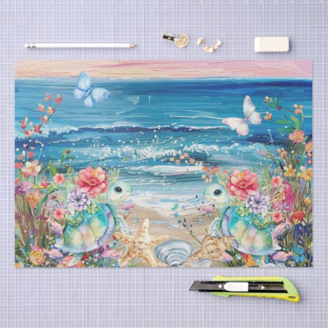 Papel De Seda Scenic Coastal Floral Sea Turtles Decoupage  (Artesanía)