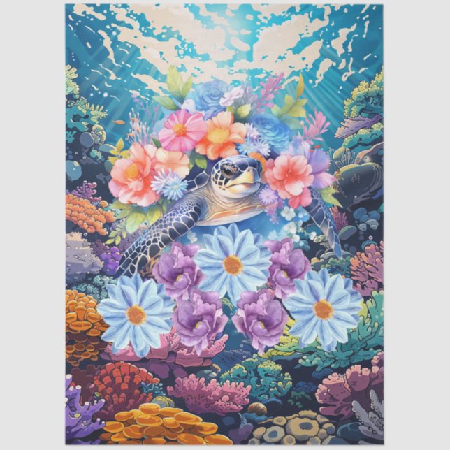 Papel De Seda Scenic Coral Reef & Floral Sea Turtle Decoupage (Anverso)