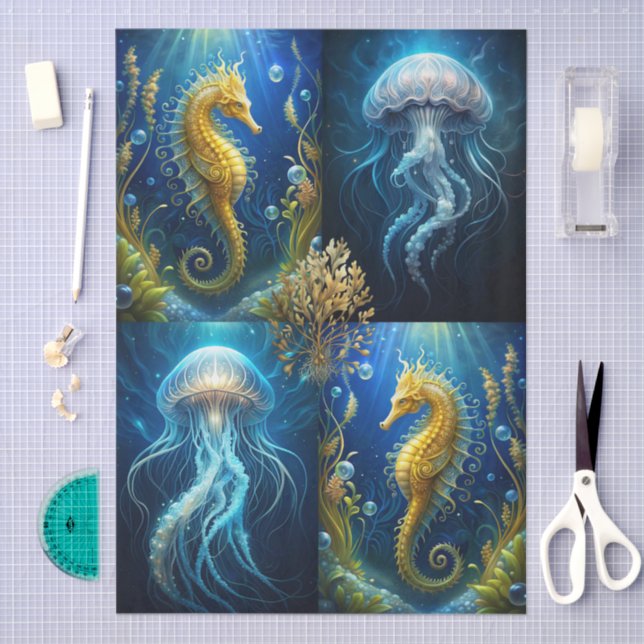 Papel De Seda Scenic Jellyfish, Seahorses & Seaweed Decoupage (Artesanía)