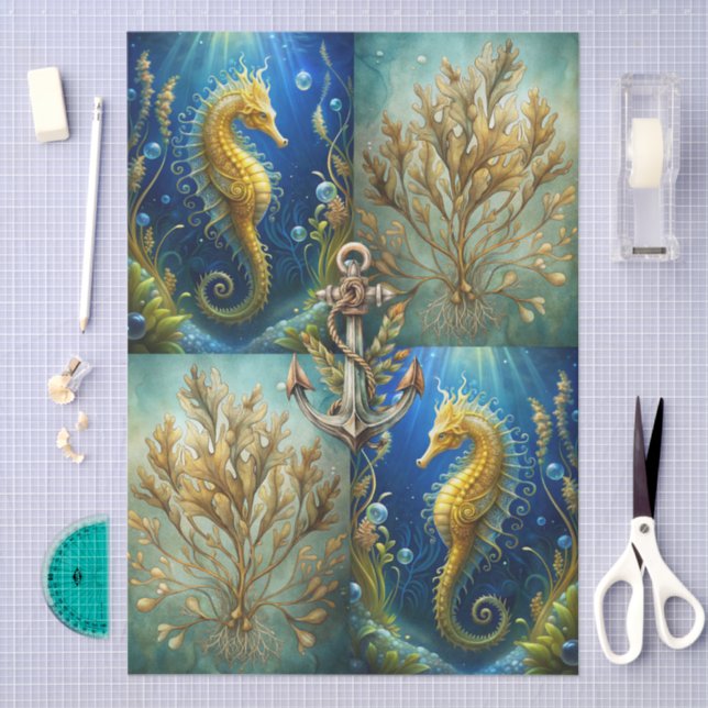 Papel De Seda Scenic Ocean Seaweed, Seahorses & Anchor Decoupage (Artesanía)