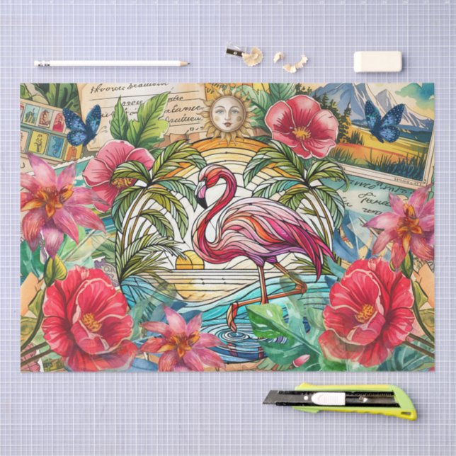 Papel De Seda Scenic Tropical Stained Glass Flamingo Decoupage (Artesanía)