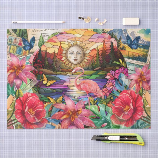 Papel De Seda Scenic Tropical Stained Glass Flamingo Decoupage (Artesanía)