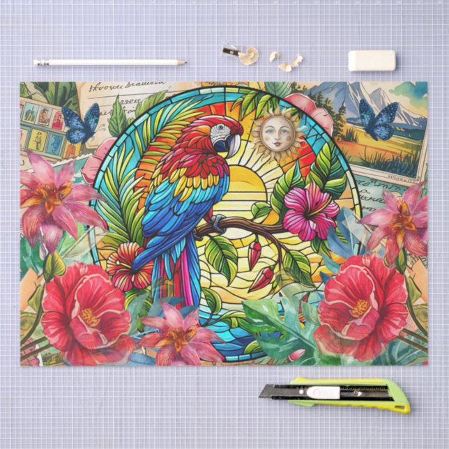 Papel De Seda Scenic Tropical Stained Glass Red Macaw Decoupage (Artesanía)