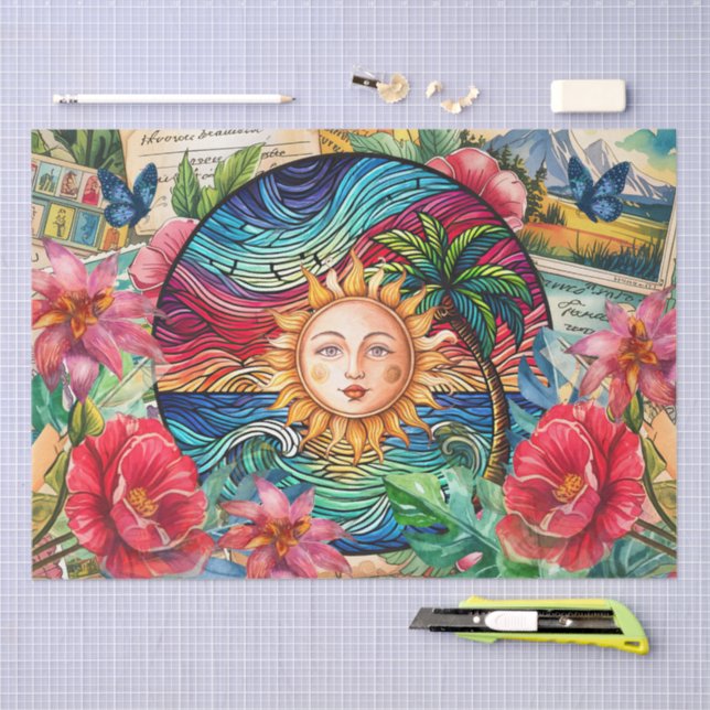 Papel De Seda Scenic Tropical Stained Glass Sunset Decoupage (Artesanía)