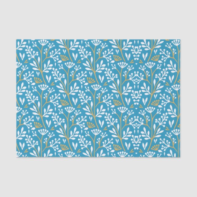 Papel De Seda Seamless Floral Pattern: White and Gold on Blue (Anverso)