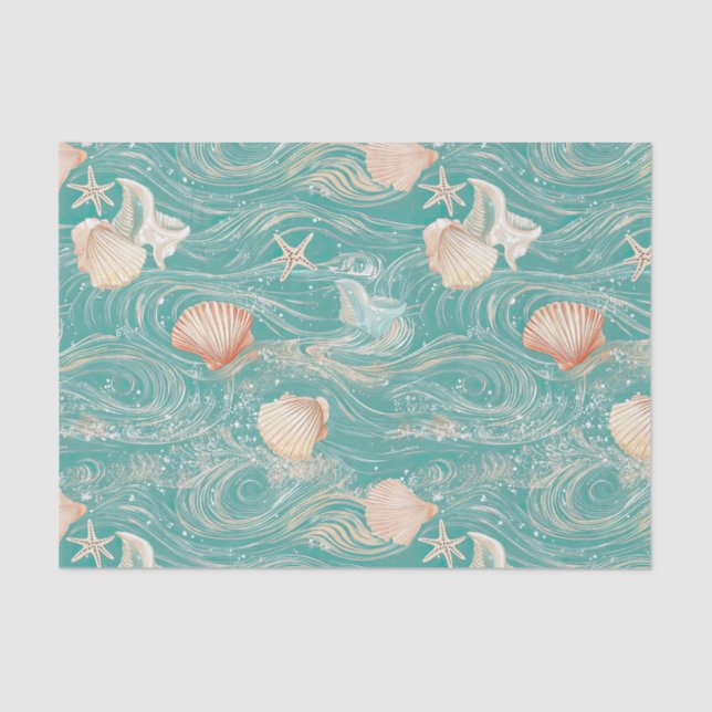 Papel De Seda Seashells and Ocean Waves Pattern (10) (Anverso)