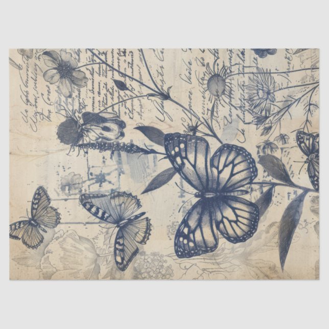 Papel De Seda Sello de mariposa de tinta monocromo retro (Anverso)
