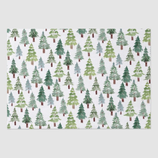 Papel De Seda  Selva de invierno de pino rústico acuarela  (Anverso)