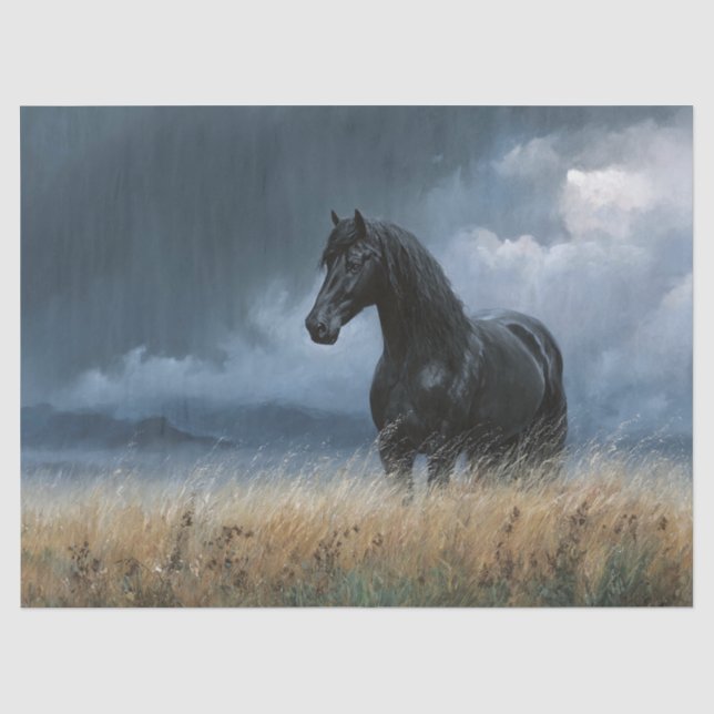 Papel De Seda Semental Friesian Negro Decoupage Dramático (Anverso)